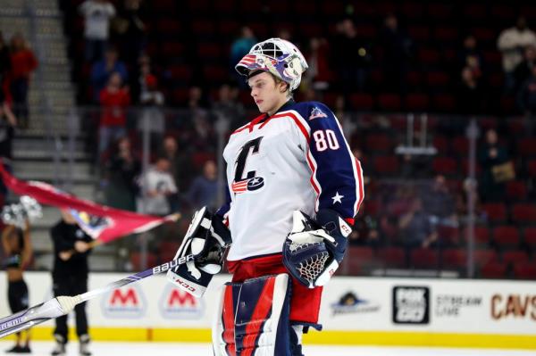 Cleveland Monsters goalie Matiss Kivlenieks (80) on the ice as he is announced as the first star of the game